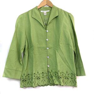 NEW NWT RAFAEL Green Embroidered Eyelet 3/4 Sleeve Linen Blend Button Down Shirt